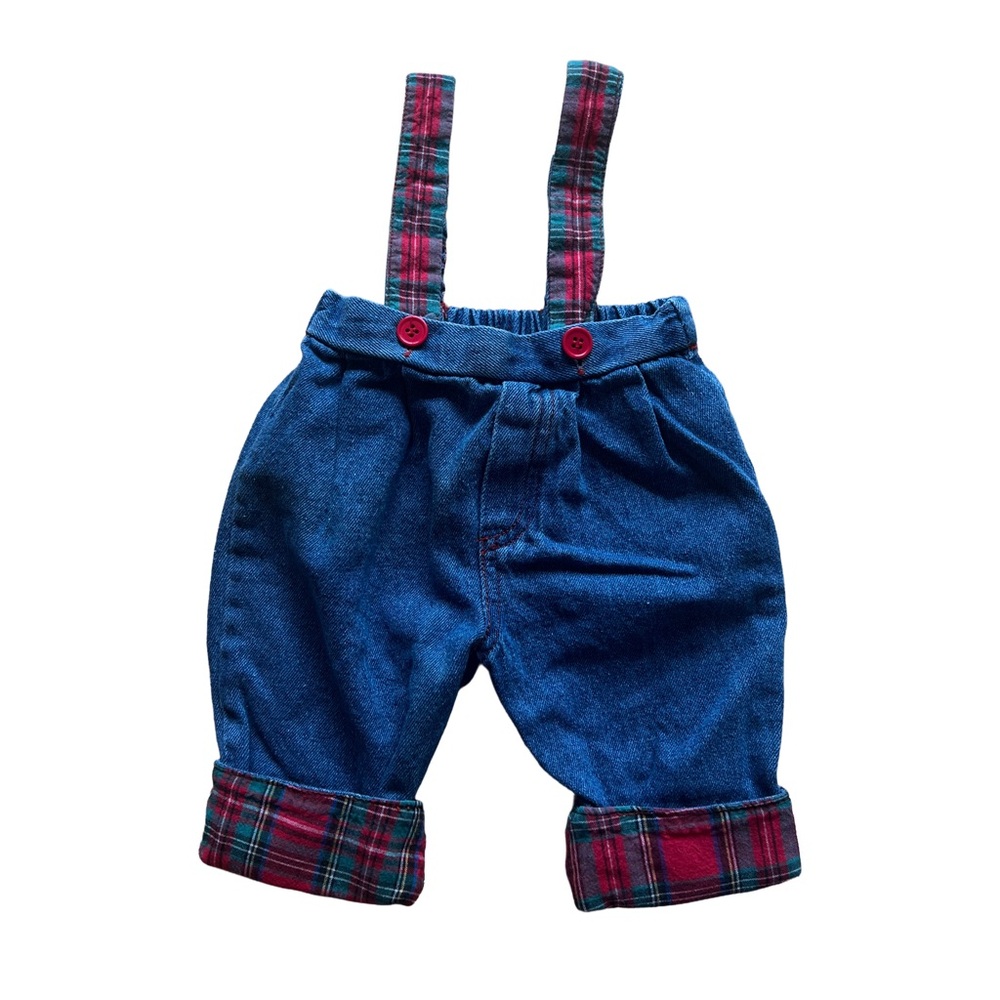 Kids Vintage Blue Denim Suspender Pants with Flannel Lining